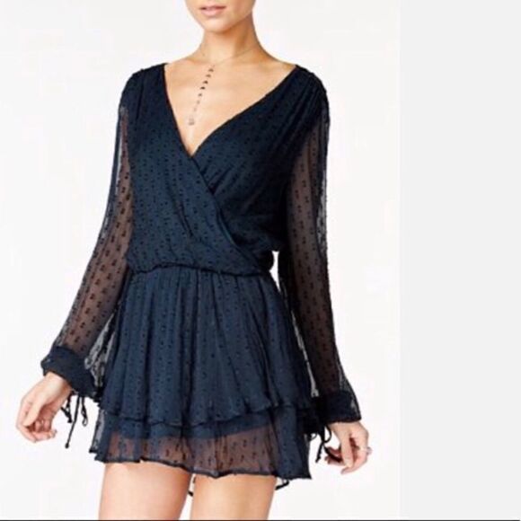 Free People Daliah Mini Blue Dress Long Sleeve Deep Blouse Size XS - Picture 5 of 11